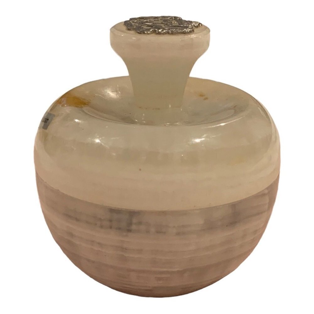 Onyx Trinket Dish Paperweight Jar With Carved Handle Lid Light Honey Round READ